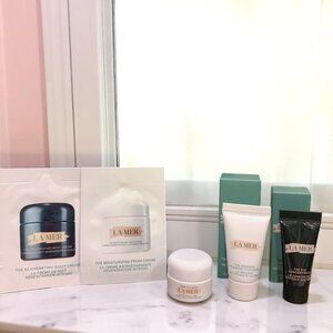 NEW La Mer 6pc Cream, Cleanser, Eye Sample Travel Gift Set with Cosmetic Bag